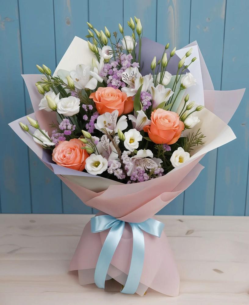 Букет цветов из: Лизиантусы, Розы, Альстромерии и Гипсофила в Солнечногорске-7