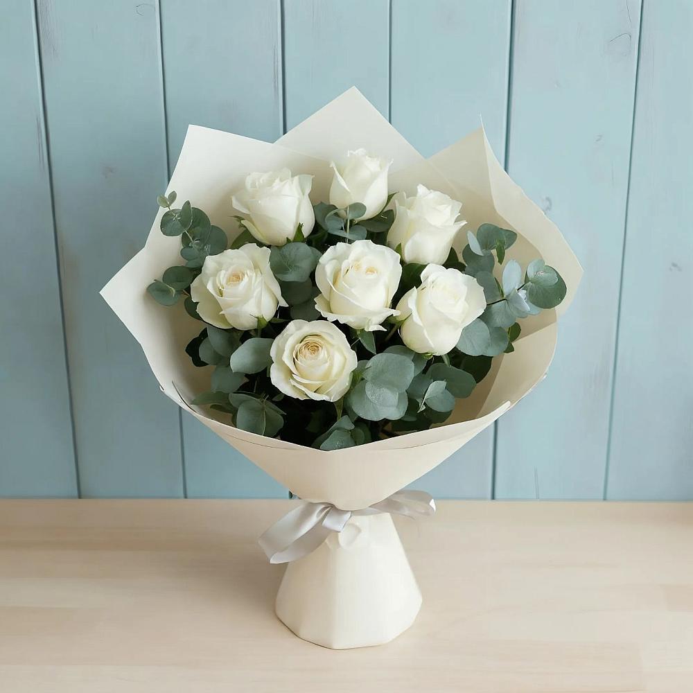 Букет Белые розы в Эвкалипте в Солнечногорске-7