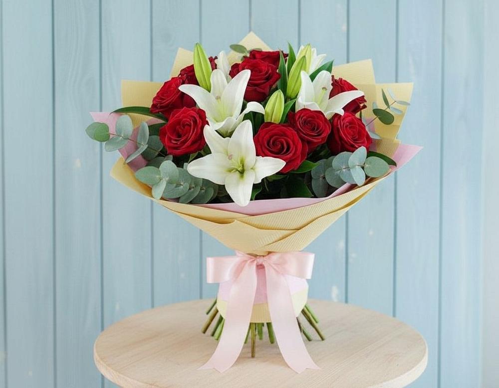 Букет цветов из: Лилии и Розы в Солнечногорске-7